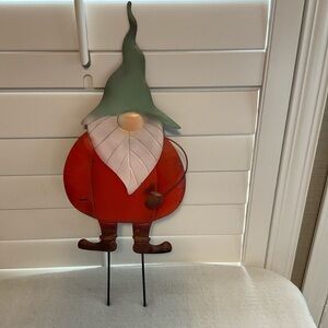 Whimsical Metal Gnome Yard Stake - Red Body, Green Hat